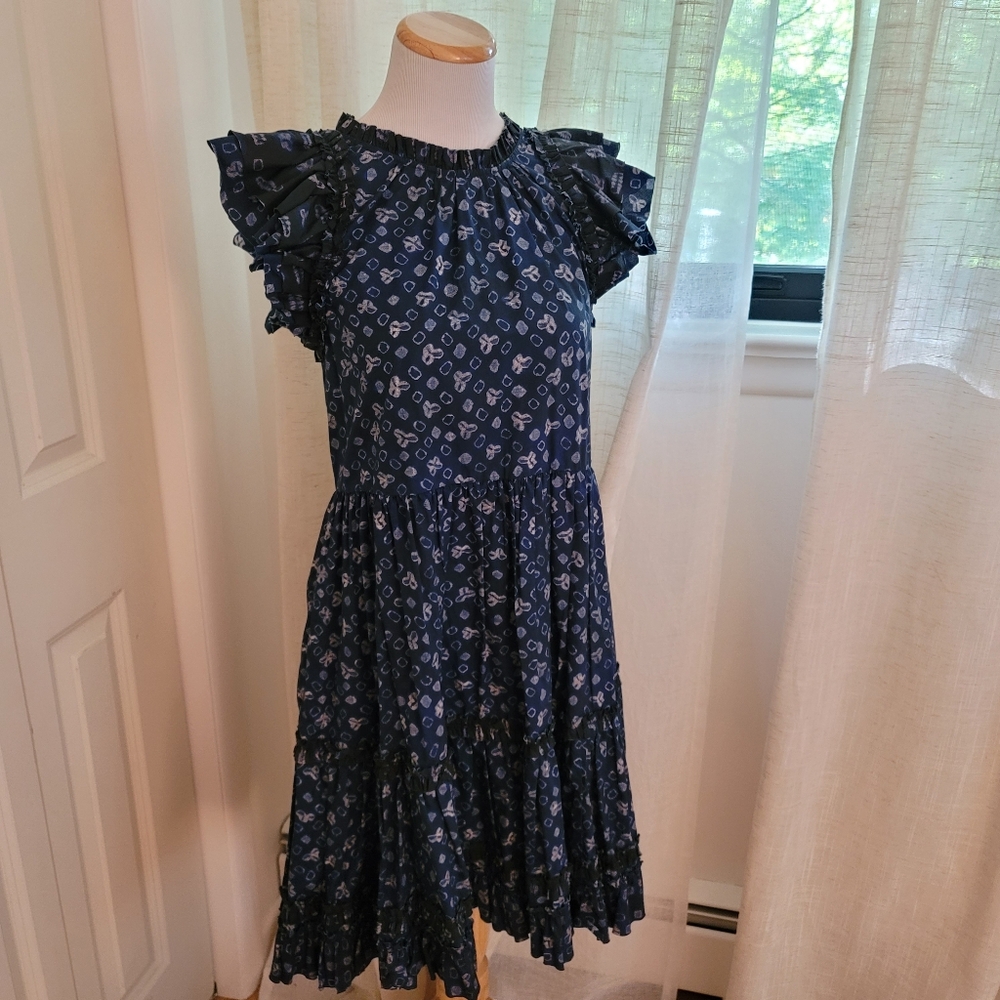 Ulla Johnson Navy Blue Print Sleeveless Ruffled Mini Dress Size 4 Pre-owned